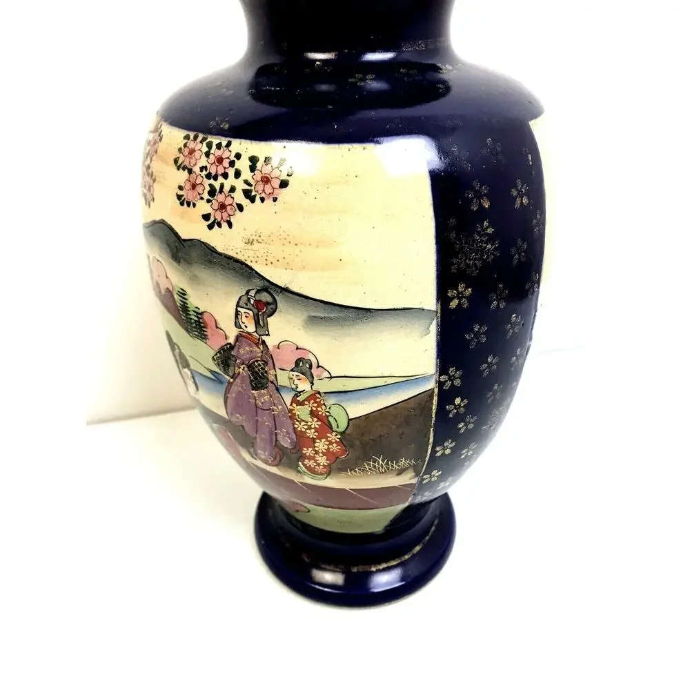 Japanese Vase 12' Geisha Girls Blue Gold Ancient Scene Asian Art Ceramic